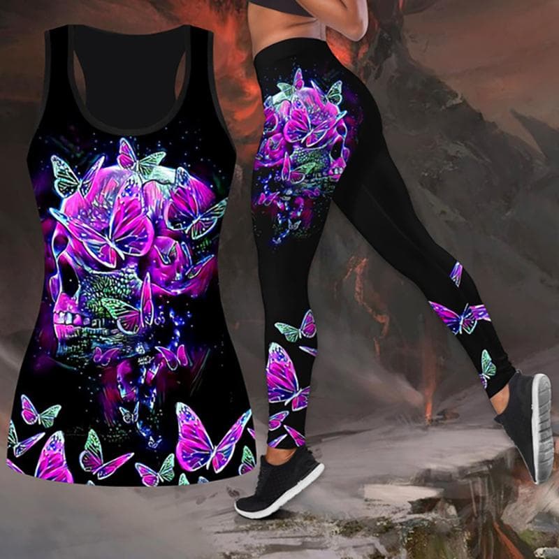 Butterfly and Flower Print Yoga Outfit for Women Fashion 3D Printed Workout Leggings Fitness Sports High Waist Casual Yoga Pants for Women S purple