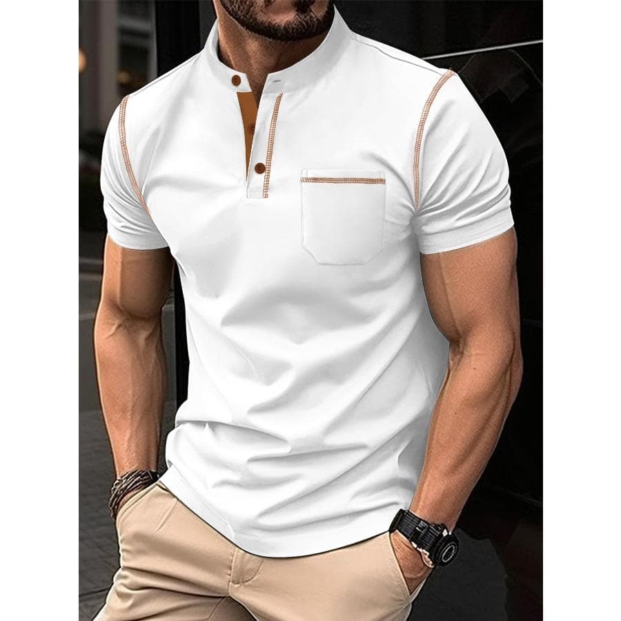 Men Summer POLO Shirts Stand Up Collar Pocket Short Sleeve Tops Men's Sports Polo Shirt XL white