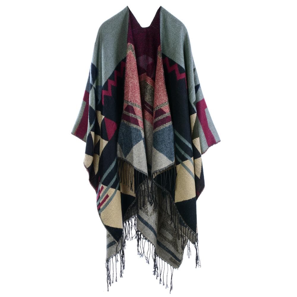 Women Knitted Shawl Poncho Faux Cashmere Geometric Pattern Tassel Oversized Long Bohemia Cape wine red