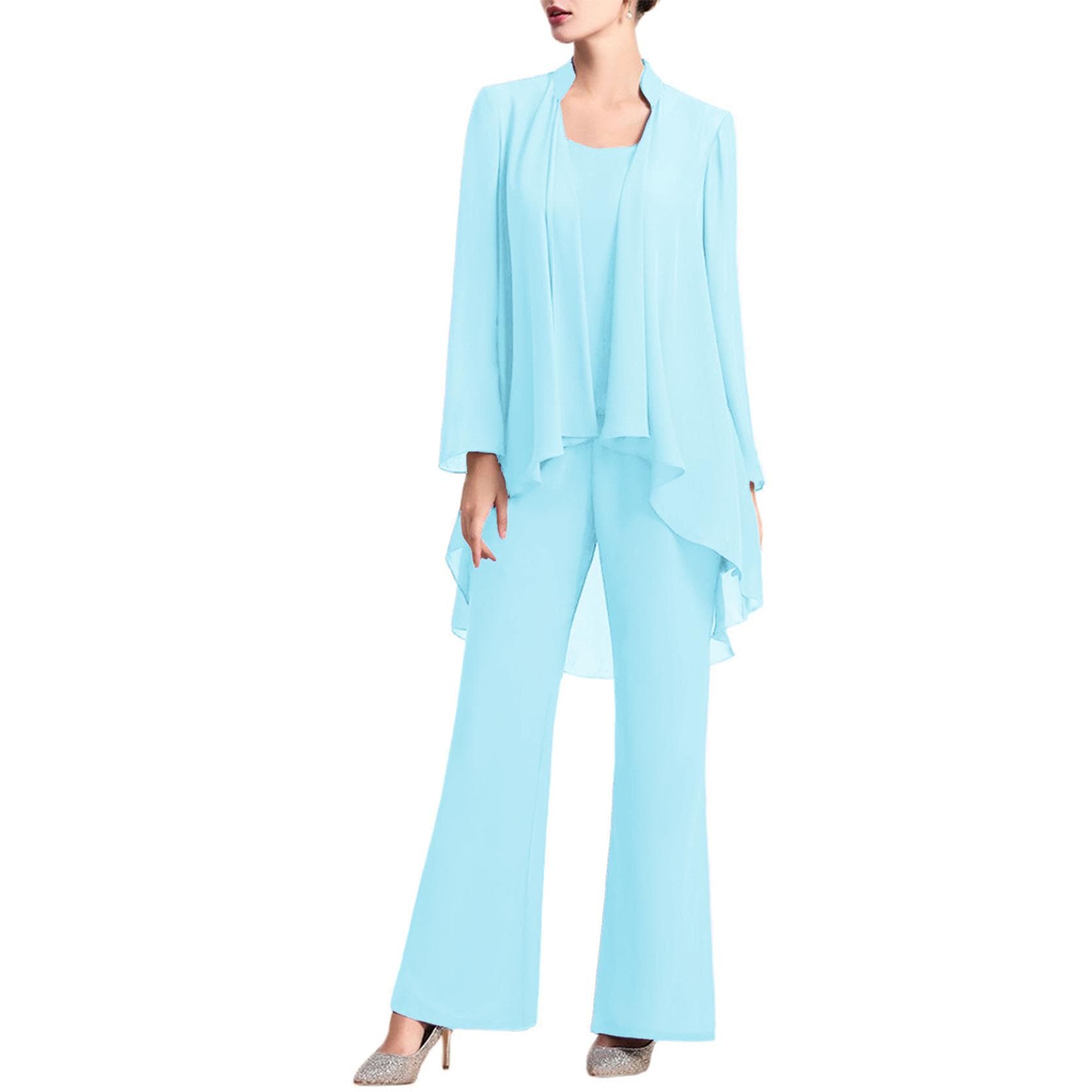 Womens 3 Pieces Chiffon Mother of The Bride Pants Suits for Wedding Guest Formal Evening Gown 2XL sky blue