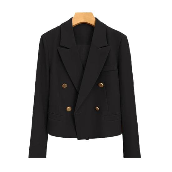 Spring Women Breasted Office Cropped Blazer Lapel Solid Color Long Sleeve Double Jacket Suit Coat M cool black
