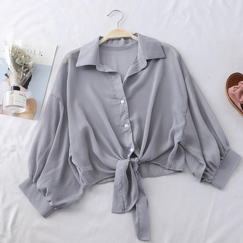 2024 Half Sleeve Chiffon Buttoned Up Shirt Loose Casual Blouse Women Simple Summer Shirts Tied Waist Elegant Blouses for Women 97761 S gray