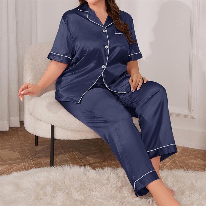 Summer Women's Silk Pajamas Set Personalized Satin Casual Thin Loose Tops Trousers Home Wear XL blue