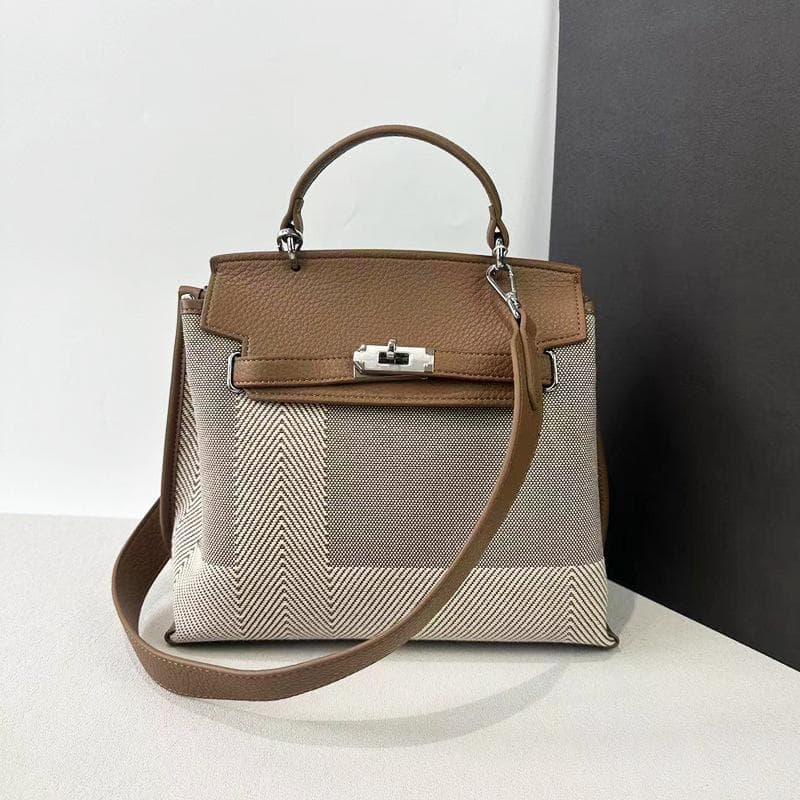 Plaid and Leather Platinum Bag with A Large Capacity, A Leather Handbag for Women To Carry on The Shoulder brown