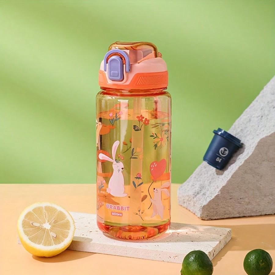 1pc 600ml Cartoon Water Bottle With Cute Leakproof Lid And Bouncing Cover, Plastic, Suitable For Outdoor Camping And Sports Red multicolour