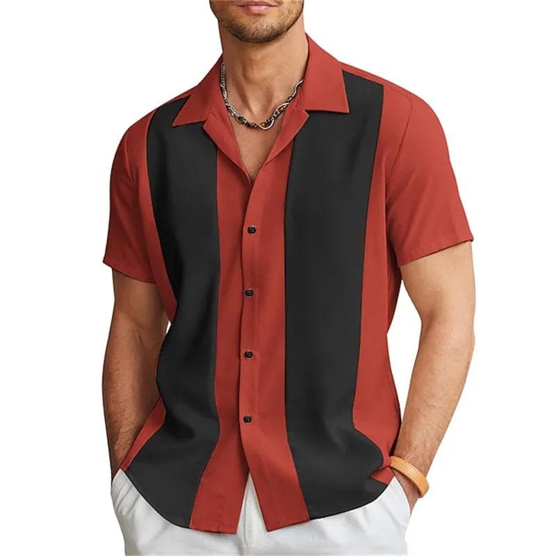 New Men's Shirts Bowling Shirts Button-Down Shirts Summer Casual Red Short Sleeve Color Block Lapel Street Wear Fashion 4XL