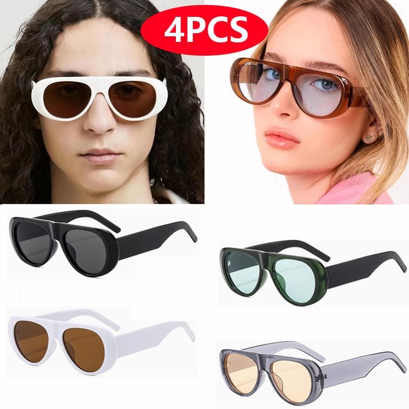 4pcs Retro Sunglasses Women Large Frame UV400 Oval Fashion Minimalist Glasses Sets Female Advanced Style