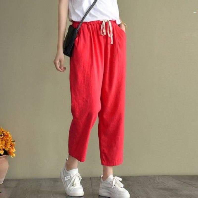 Cotton and Linen Vintage Radish Pants Women's Summer Harlan Pants Loose Solid Color Casual Nine-point Pants 4XL red