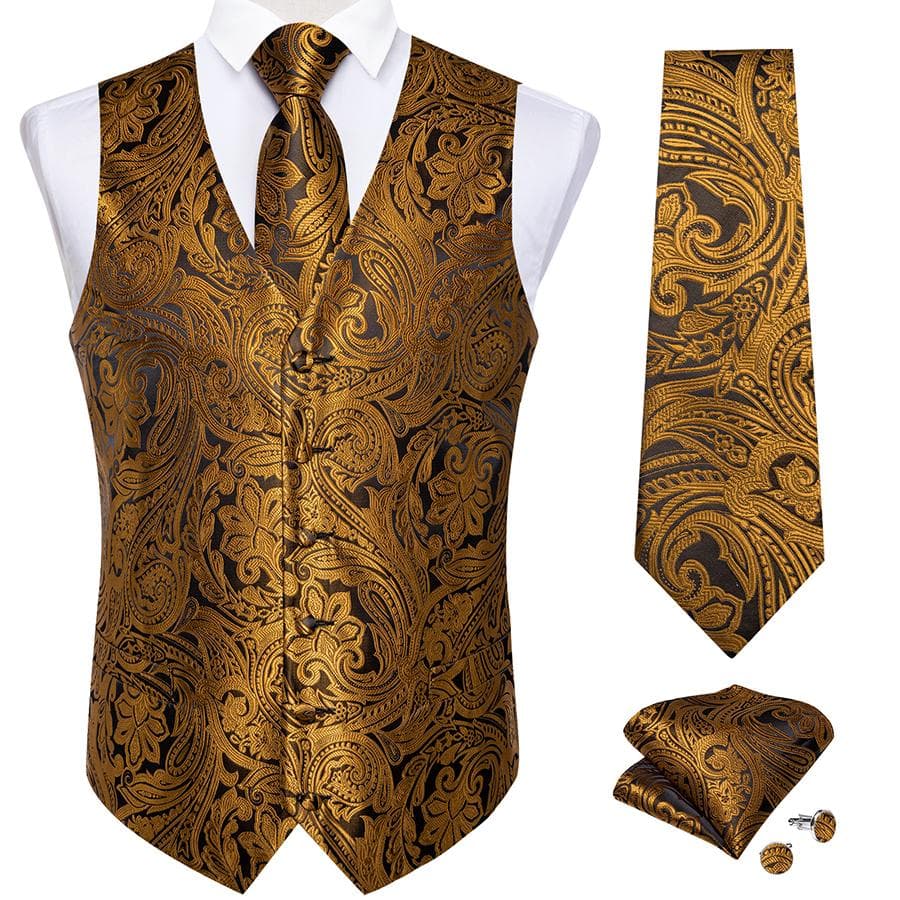 Dibangu Mens Yellow Paisley Vest Suit Waistcoat Hanky Cufflinks Tie Set Wedding S