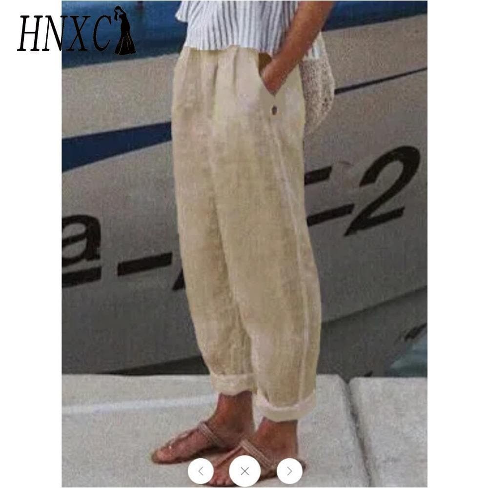 HNXC 8 Color Women's Fashion Casual Solid Color Print High Waist Pants & Capris M khaki