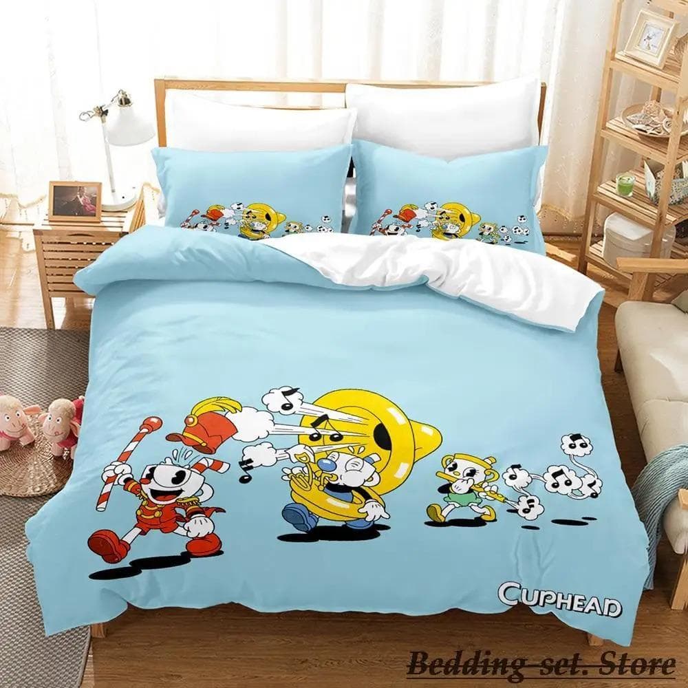 Game Cuphead Mugman Bedding Set Cartoon Anime three-piece set Adult Kid Bedroom Duvetcover Sets 3D Kawaii cama de casal AU King 240x210cm