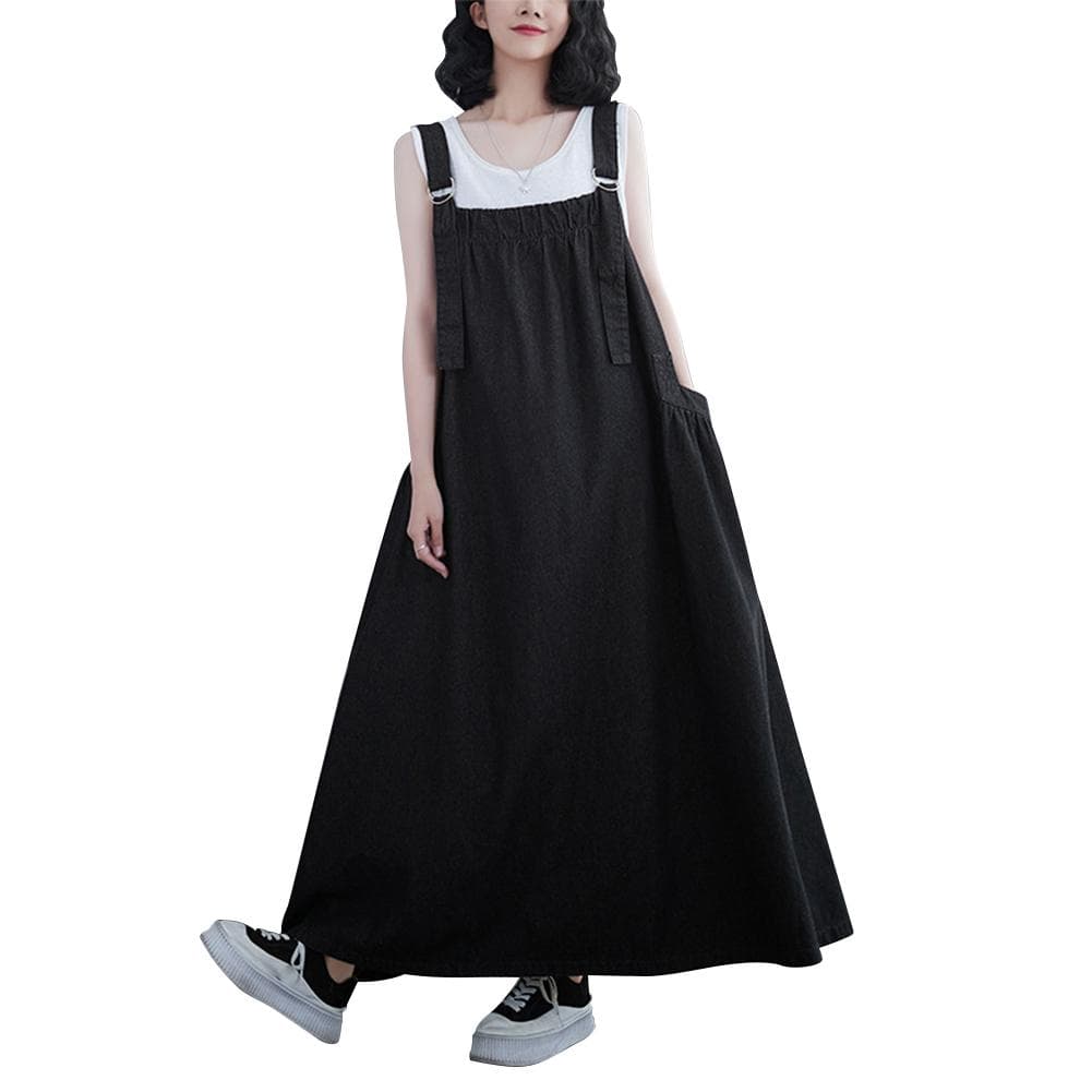 Women Summer Vintage Loose Denim Overall Dress Adjustable Shoulder Straps Side Pockets Square L black