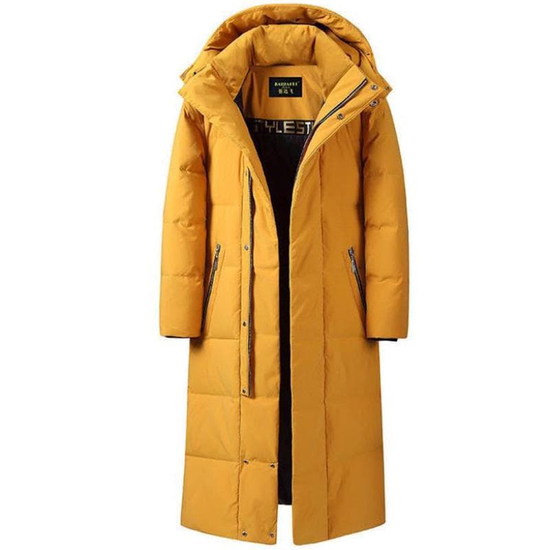 Over The Knee Down Coat Men Silk Cotton-padded Coats Ladies Winter Thick Warm Jacket Parka for Lover XL dark yellow