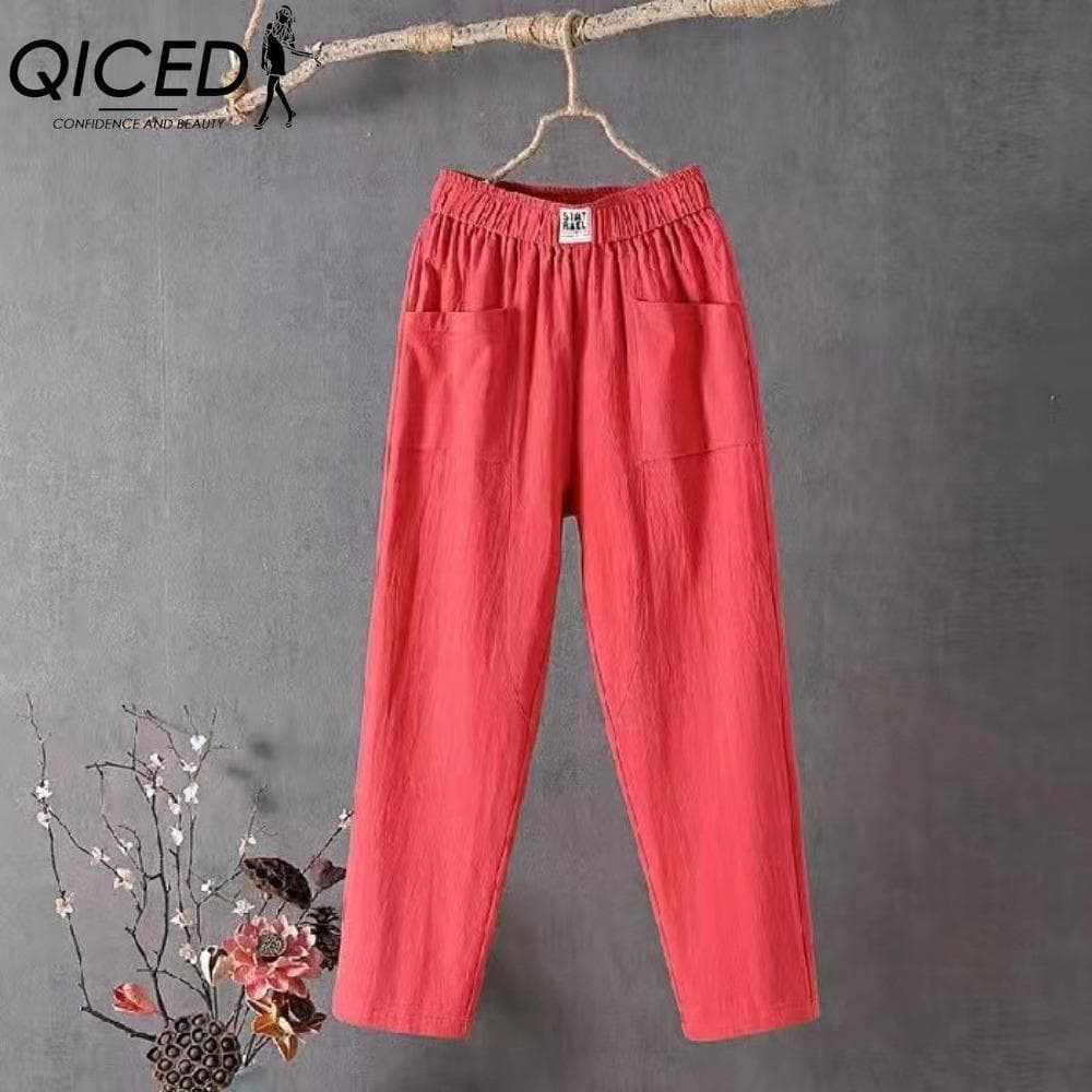 QICED Summer Women Trousers Casual Cotton Linen Pants Loose Straight Trousers Nine Point Harem Pants XXXXL red