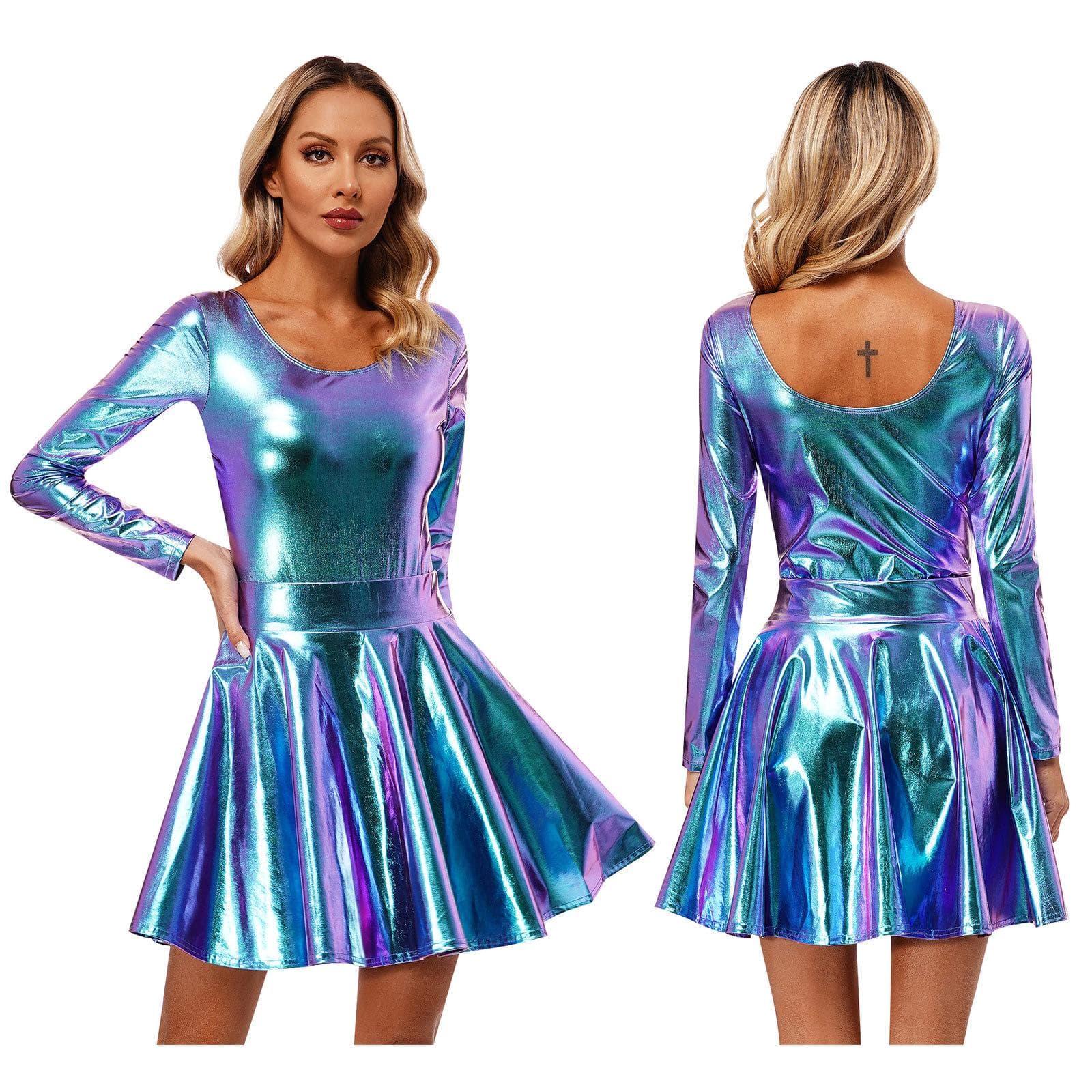 Women's Shiny Metallic Gymnastics Leotard and Pleated Skirts Athletic Dancewear S celestial blue
