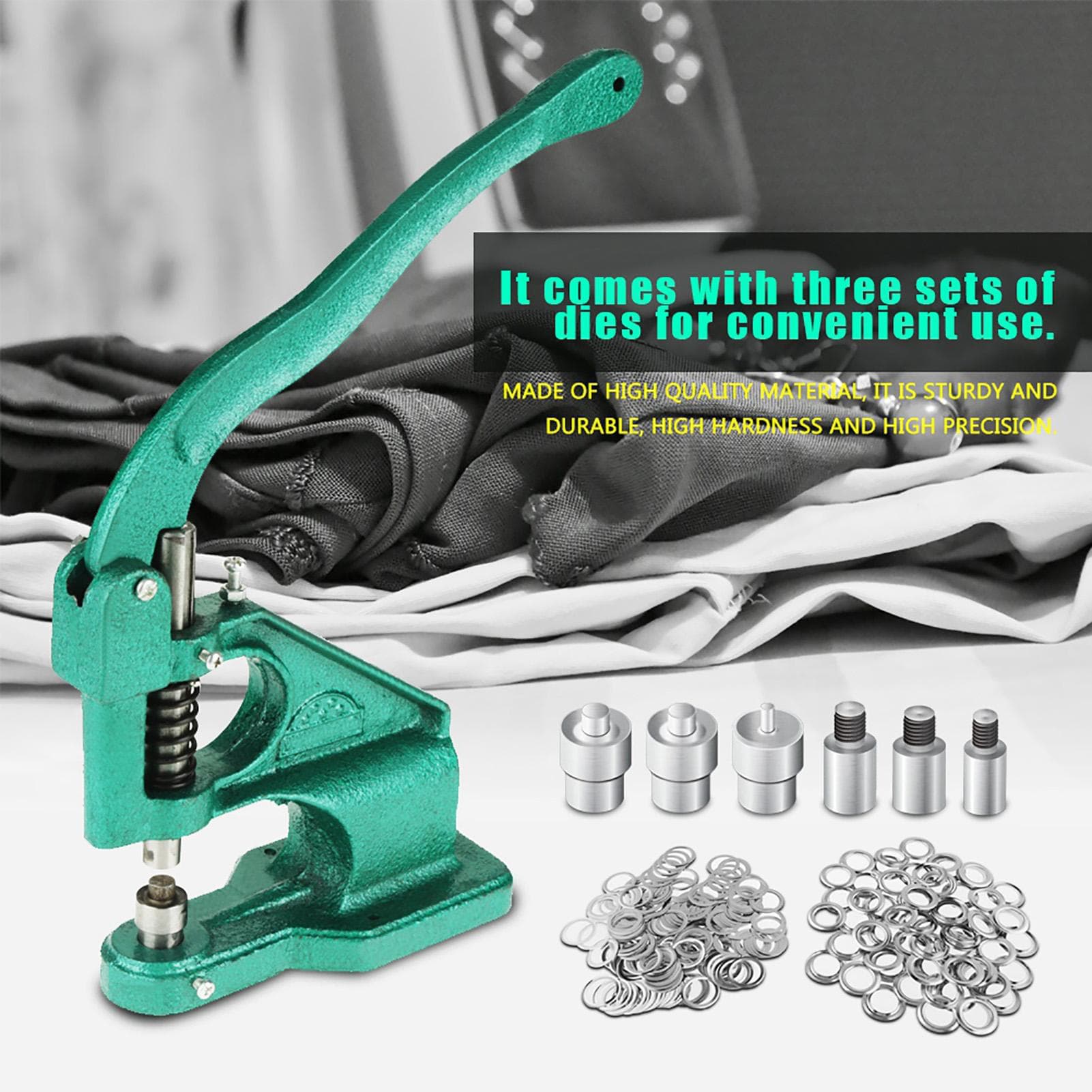 1pc Hand Press Grommet Eyelet Machine with 3 Dies & 1500pcs Grommets 61012mm white