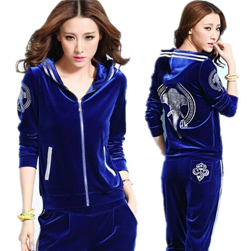 Women's Spring Velvet Tracksuits with Hooded Jacket and Trousers in Plus Size S blue