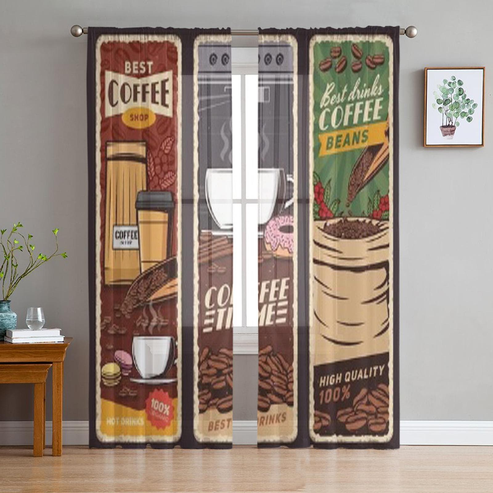 Coffee Shop Vintage Banners Cafeteria And Cafe Menu Tulle Sheer Curtains for Living Room Kitchen Decor Voile Organza Curtain 135W x 114H(cm)