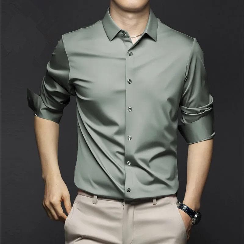 New Stretch Anti-Wrinkle Men's Shirts Long Sleeve Dress Shirts for Men Slim Fit Social Business Blouse White Shirt 6XL 6XL army green