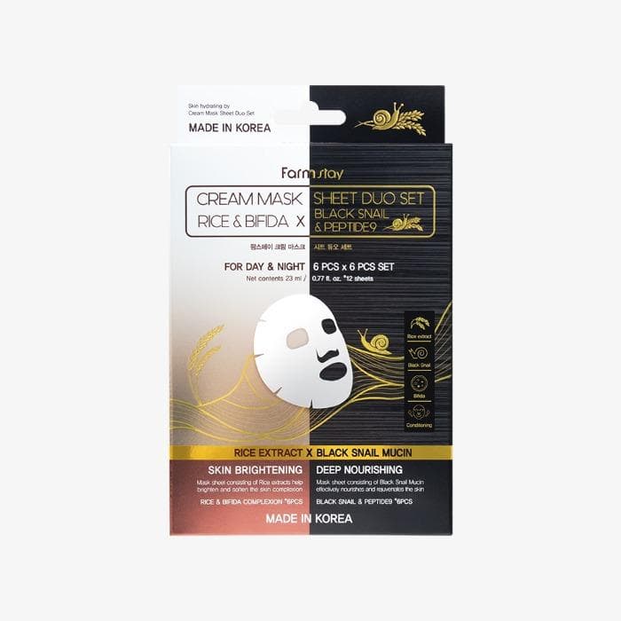 Farm Stay Cream Mask Sheet Duo Set Rice & Bifida X Black Snail & Peptide9 12 Sheets +RANDOM GIFT