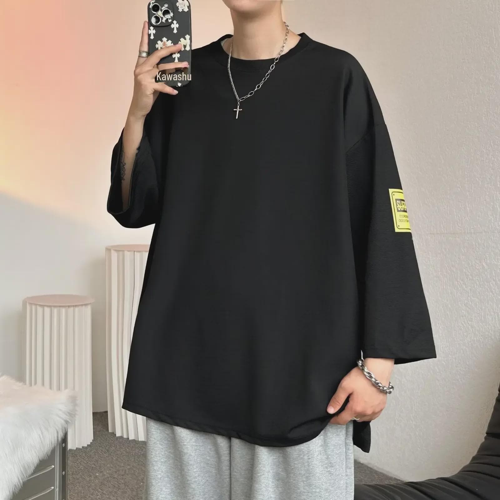 Men's Plus Size Loose-Fit Japanese Style Summer T-Shirt with 3/4 Sleeves 4XL black
