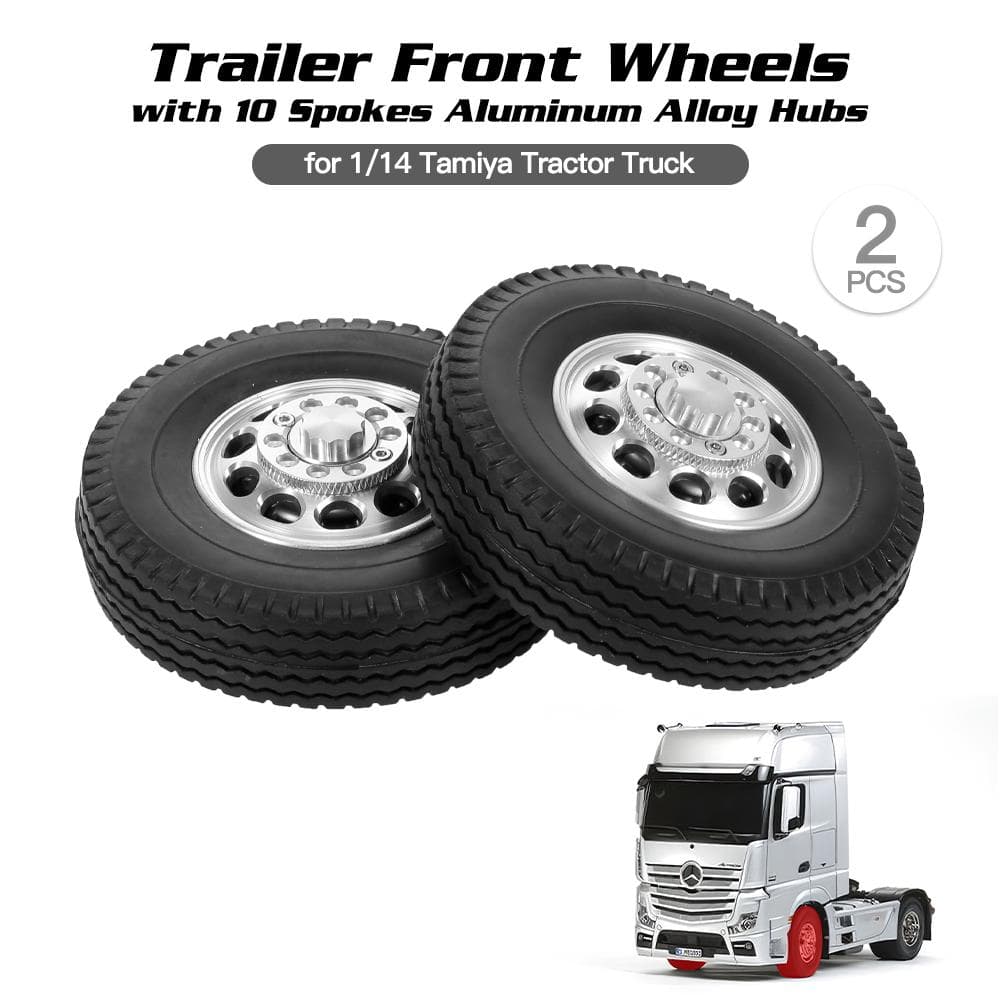 2pcs Trailer Front/Rear Wheels with 10 Spokes Hubs for 1/14 Tamiya Tractor Front Wheel black