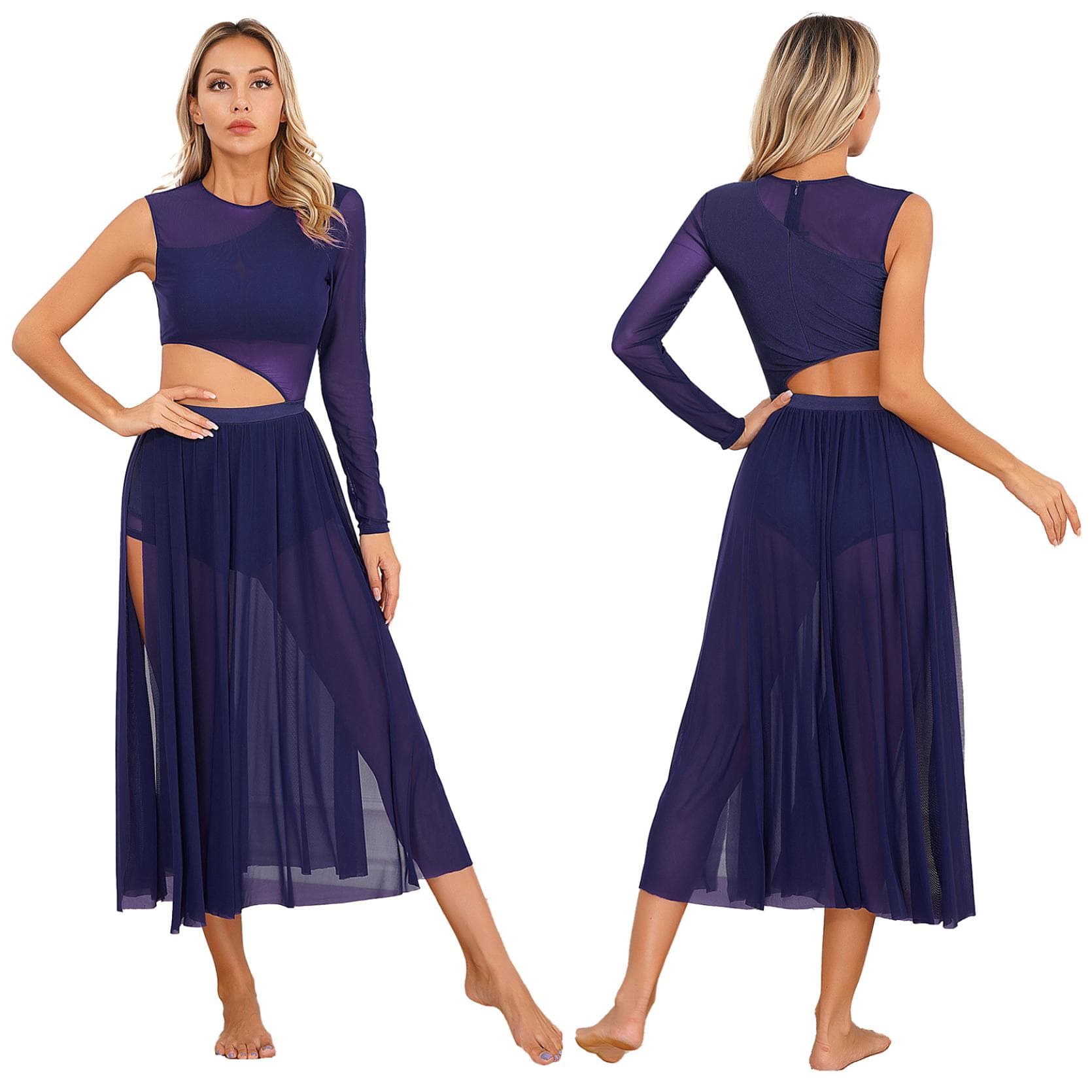 Women Lyrical Dance Costumes Sleeveless Mesh Tulle Flowy Maxi Long Dress Modern Contemporary Dancewear XL navy blue
