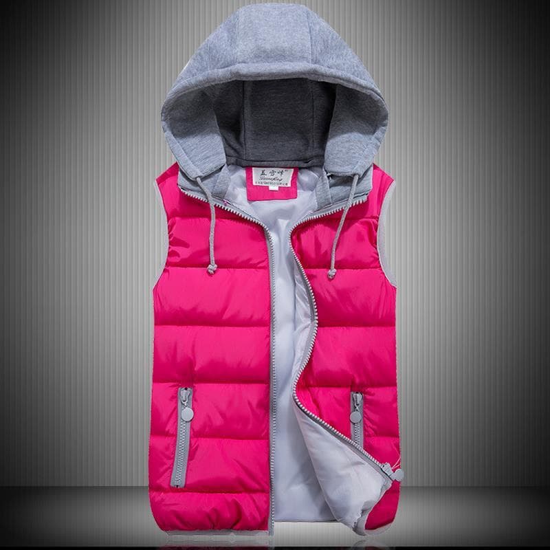 Women Cotton Wool Collar Hooded Down Vest Removable Hat Female Thicken Winter Warm Jacket Outerwear M Rose