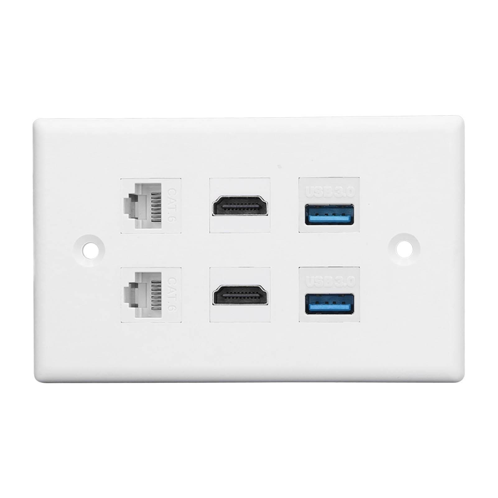 6 Port Wall Plate 2xHD Multimedia Interface 2xCat6 2xUSB3.0 RJ45 Ethernet Wall Plate for HDTV