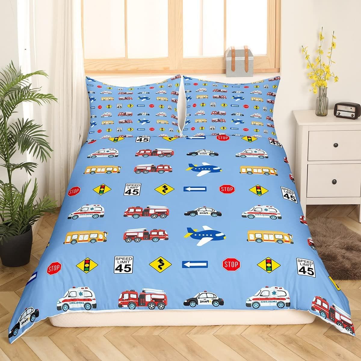 Policeman Car King Queen Duvet Cover Cartoon Black Police Car Bedding Set Boys Red Blue Cop Lights 2/3pcs Polyester Quilt Cover 210x210cm 3pcs