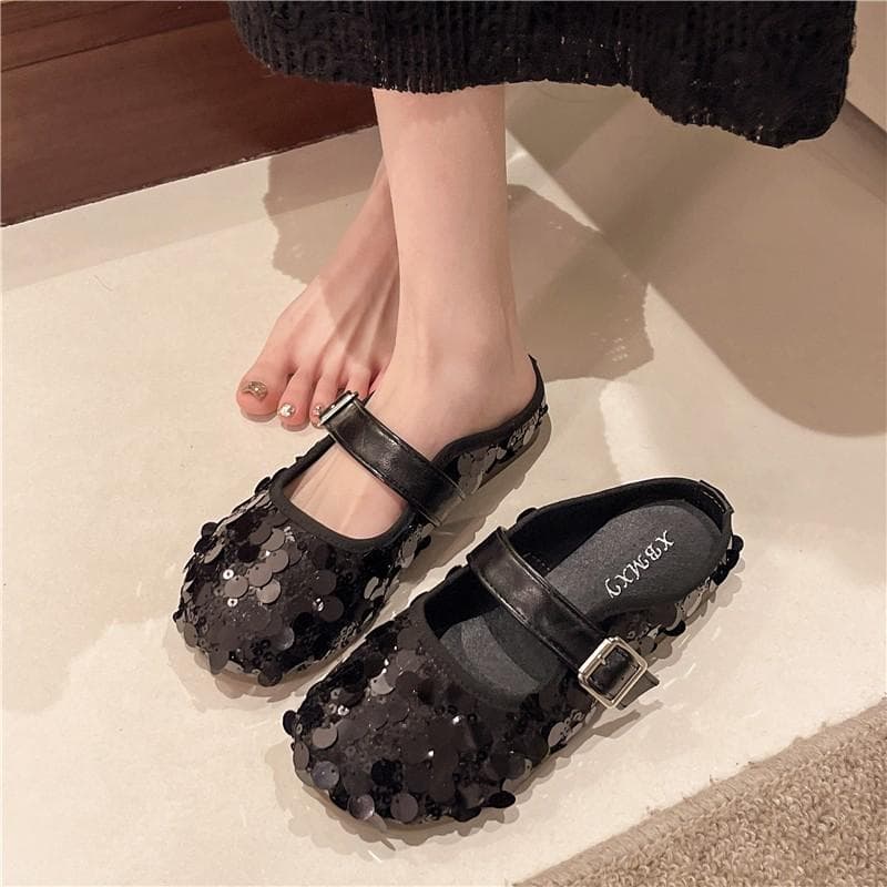 Baotou Slippers Women  Spring And Summer New Sequin Bow Thick Sole Fashion With Mueller Shoes Lazy Shoes Women's Shoes 40 black