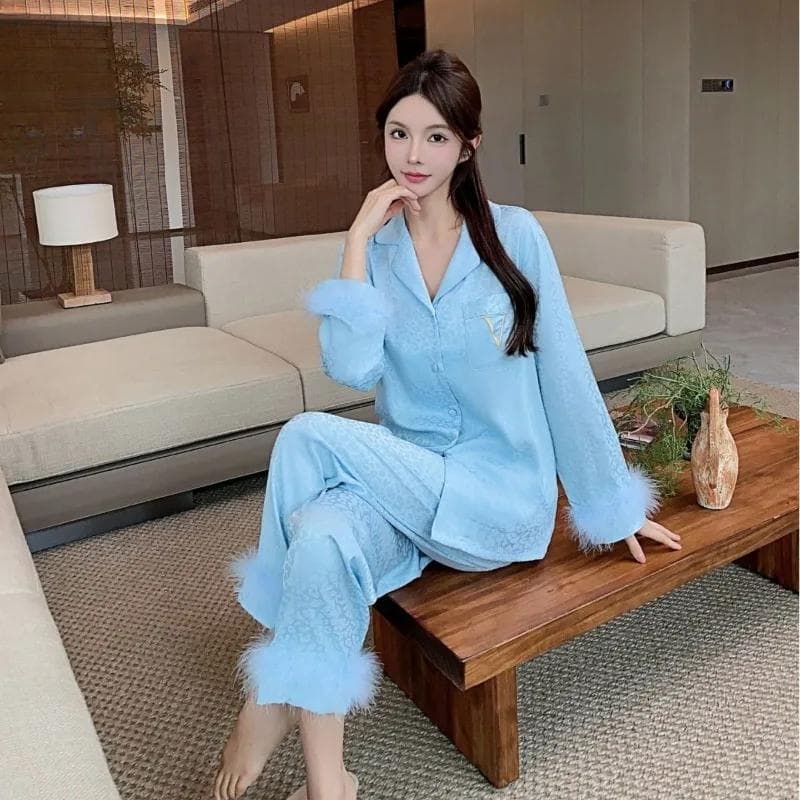 Jacquard Spring Feather Ice Silk Pajamas for Women Light Luxury Silk Satin Home Clothes XXL blue