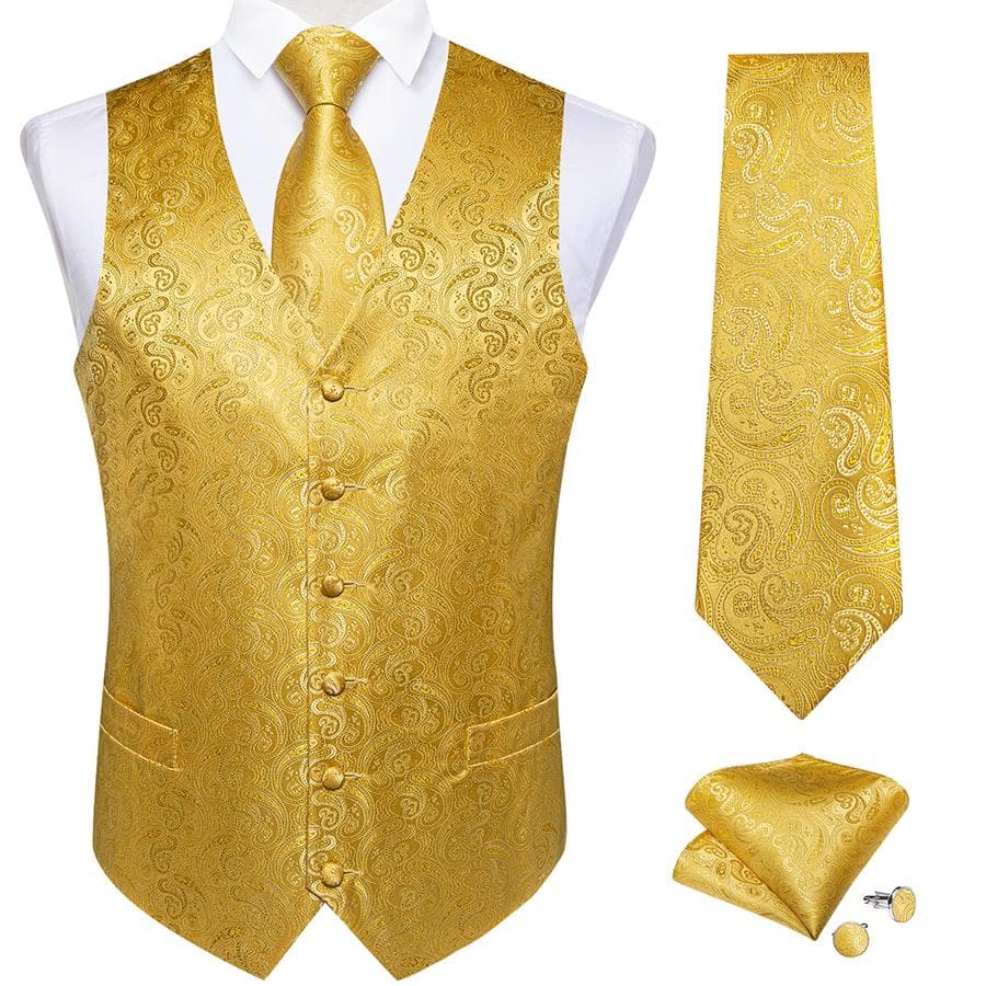 Dibangu Mens Yellow Paisley Vest Suit Waistcoat Hanky Cufflinks Tie Set Wedding 2XL