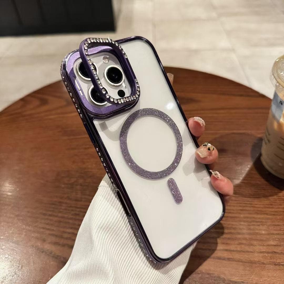 Suitable for IPhone16promax Electroplated Flash Drill Lens Bracket 15/14 Magnetic Suction Full-pack Protection Case Apple 16Plus