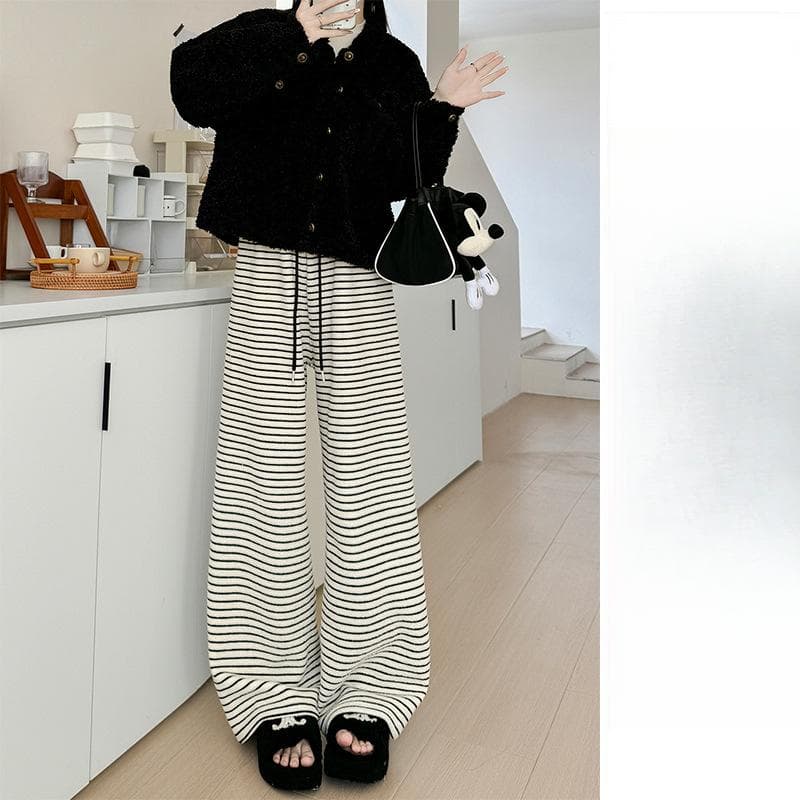Black and White Striped Casual Pants Women's Spring and Autumn New Thin Wide-leg Pants XL