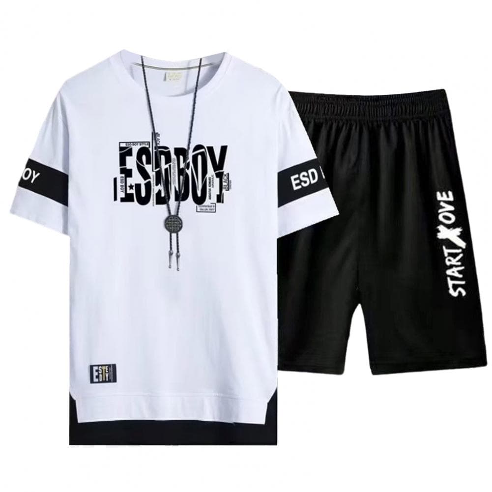 2Pcs/Set Men Sport Outfit O-neck Short Sleeve Tee Shirt Elastic Waist Pockets Shorts Set Letter Print Sport Suit M white