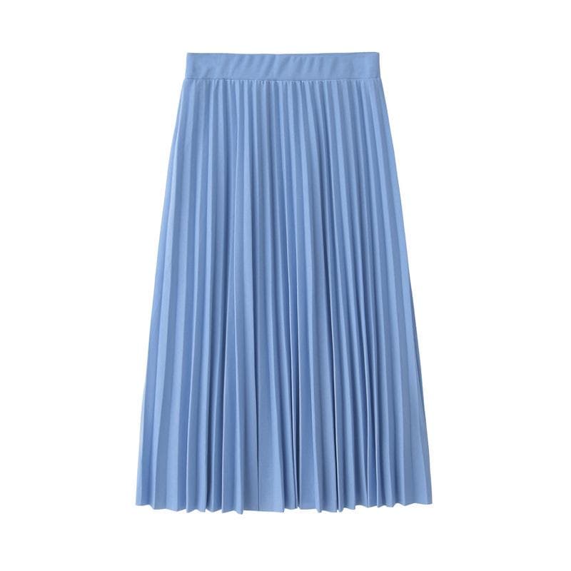 Spring Autumn Fashion Women's High Waist Pleated Solid Color Half Length Elastic Skirt One Size blue