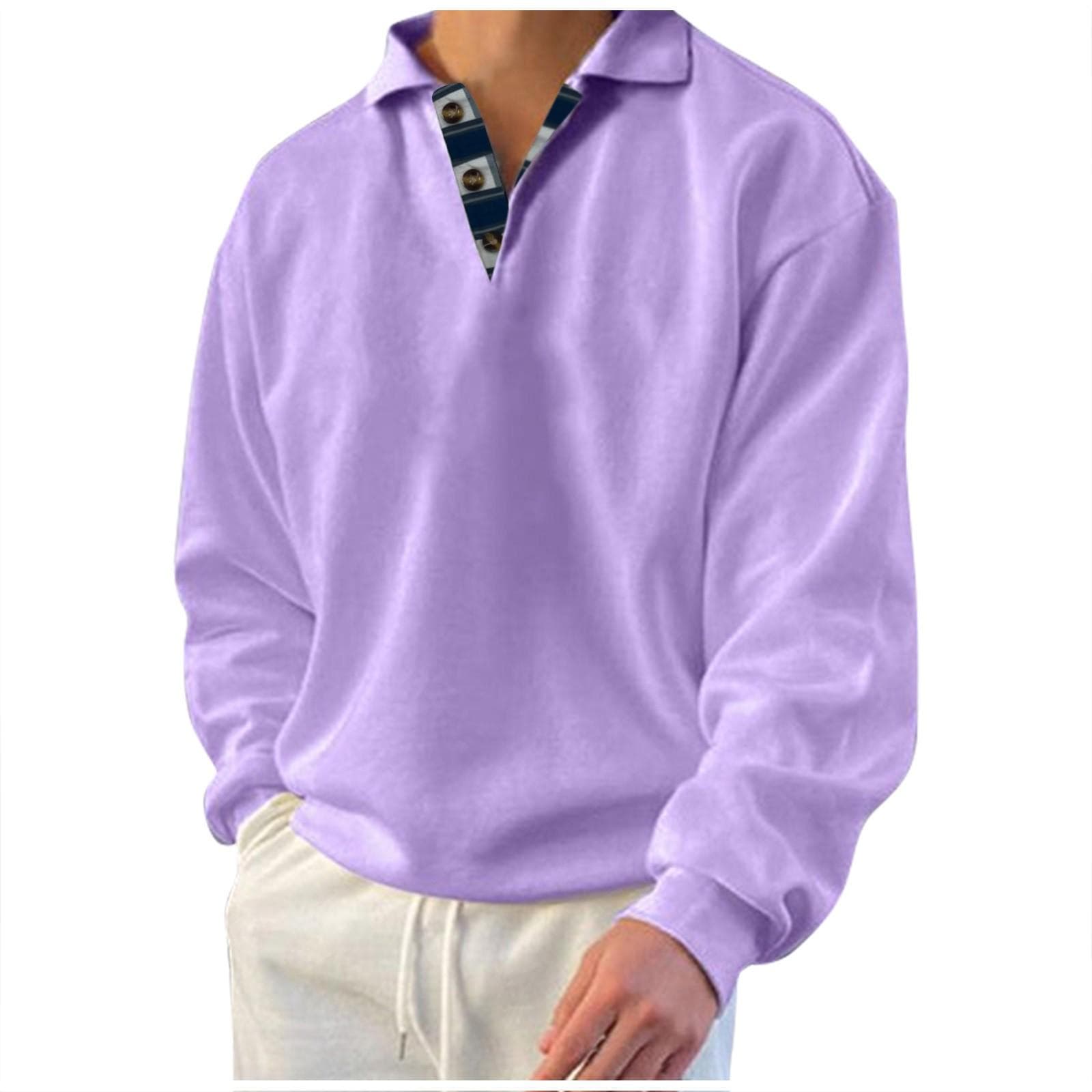 Men's Sweatshirt  Winter Sweatshirt Solid Color Lapel Loose Long Sleeve T-shirt L light purple