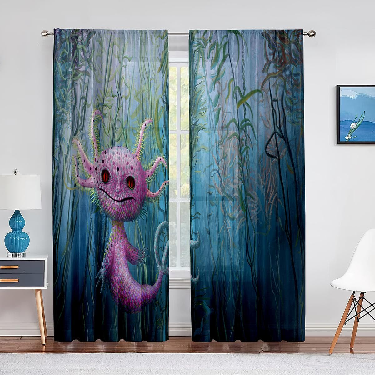 Cartoon Watercolor Axolotl with Hat Sheer Voile Curtain Sealife Reptiles Chiffon Tulle Curtains for Living Room Bedroom Drapes 1 PCS W100XH250cm&Grommet Top
