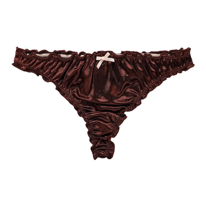 Women's Satin Thong Panties Comfortable Frilly Thongs Ruffle Milk Silk Low-Waist Bikini Briefs Frill Trim Underwear M