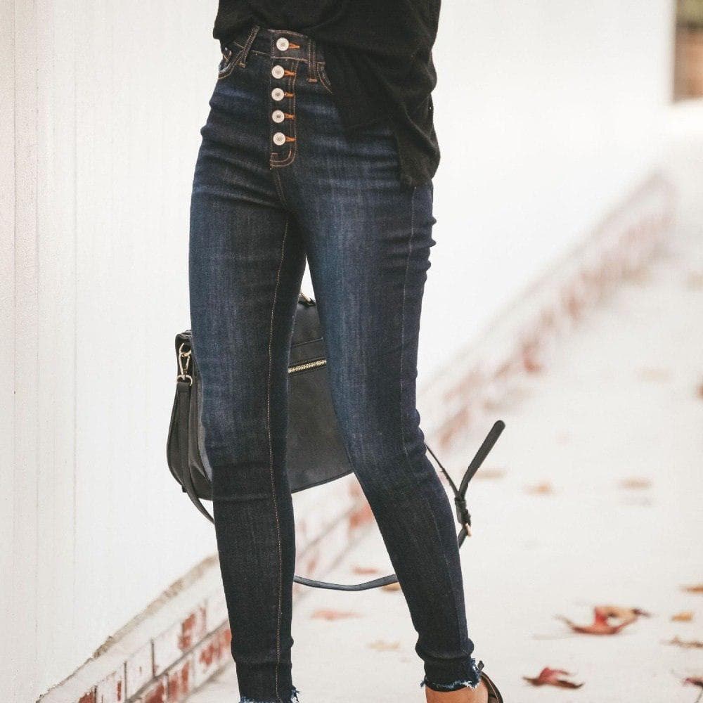 Women High Waist Stretch Denim Jeans Button Skinny Slim Casual Pencil Pants Ladies Trousers L black