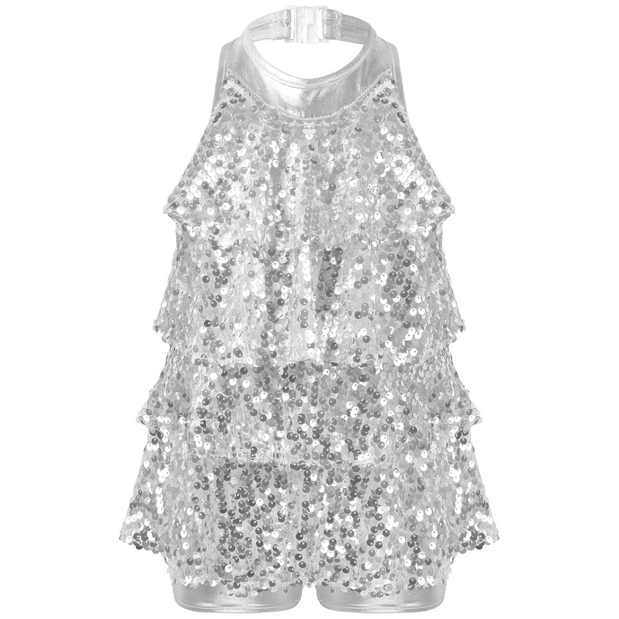 Kids Shiny Sequins Gymnastics Shorty Unitards Dress Girls Ballet Leotard Latin Jazz Dance Costume 15-16 Years silver