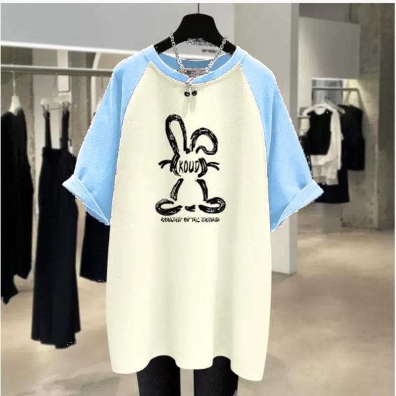 Short-sleeved T-shirt for Women's Pure Cotton Summer New Rabbit Graffiti Korean Loose and Fashionable Mid-length Top XXXL