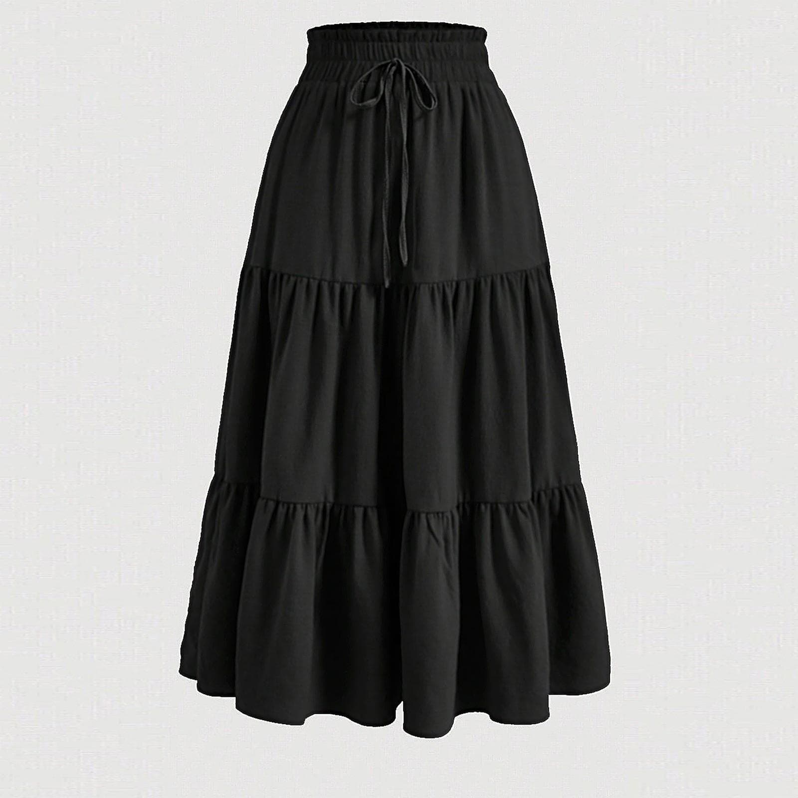 Women's Fashion Solid Color Floral Drawstring Elastic Waist Loose Long Skirt L black