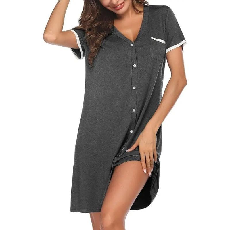 Women's V-neck Short-sleeved Contrasting Color Home Wear Simple Women's Short Nightgown Summer Mid-length Dress with Pockets S