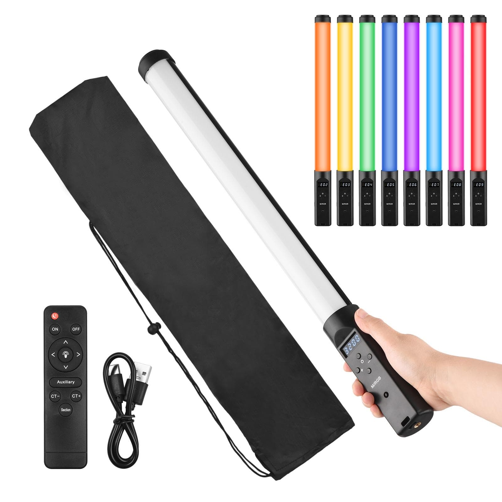 Handheld RGB Tube Light LED Video Light Wand 3200K-5500K Dimmable 9 Colorful Lighting Effects Built-in Battery with Remote Control black