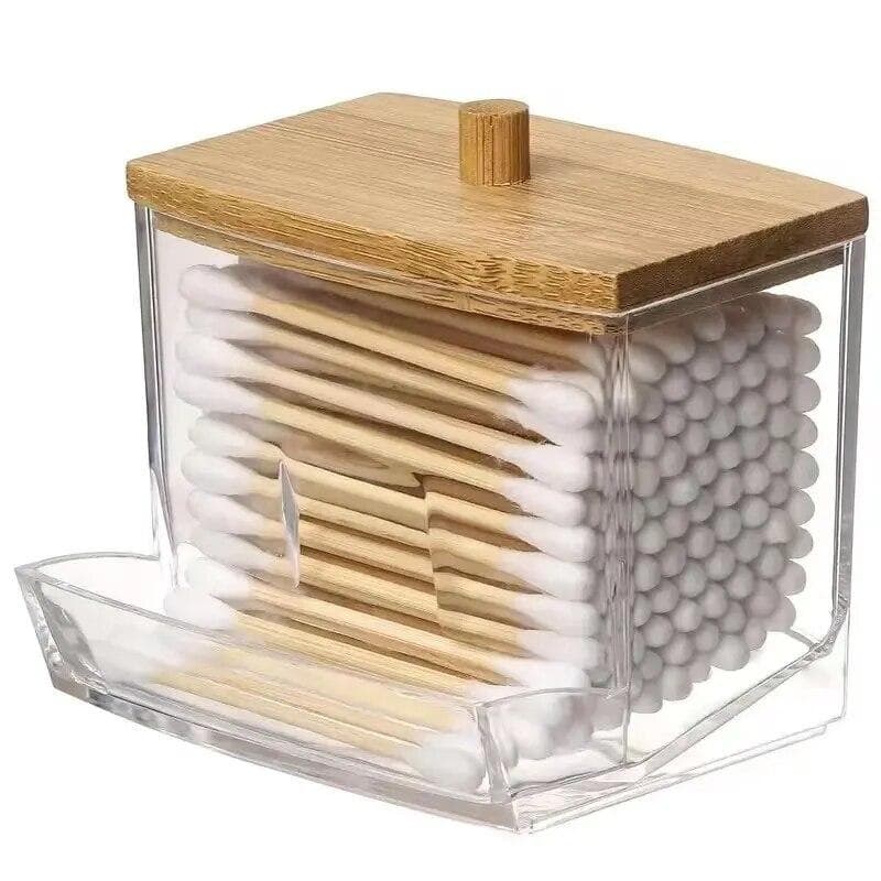 Cotton Swab Box - Transparent Bamboo Cover Dustproof Cotton Swab Toothpick Storage Box Multi-Purpose Visible Dispenser