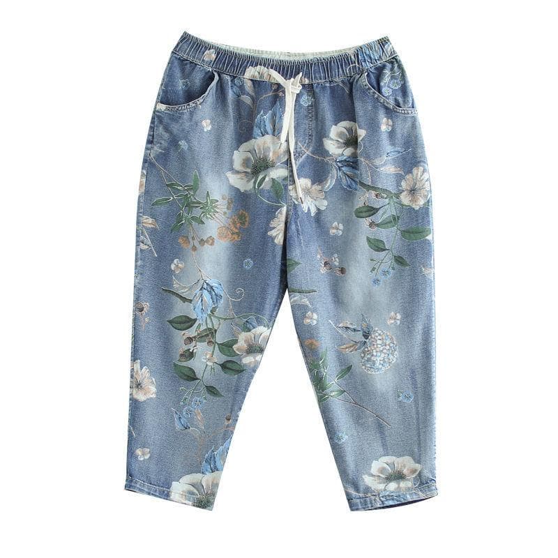 Retro Printed Light Blue Cropped Jeans for Women In Plus Size, Elastic High Waisted, Loose Straight Leg Pants 3XL