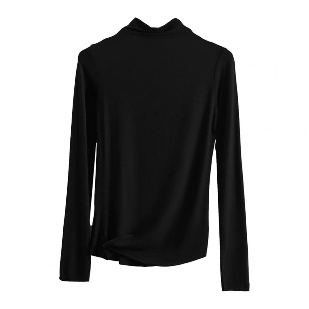 Women Bottoming Top Half-high Collar Long Sleeve Elastic Skinny Soft Warm Solid Color Pullover Simple Style Lady Inner Wear Blou XL black