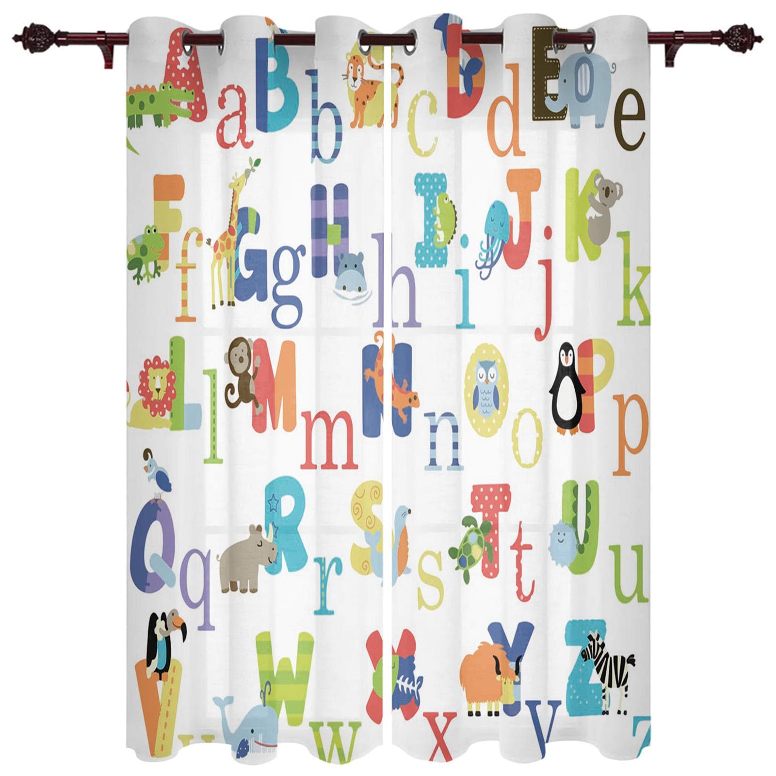 Modern Window Curtains for Living Room Cartoon Children English Alphabet Curtains for Child Bedroom Kitchen Decor Blinds Drapes 135W x 60H(cm) x1